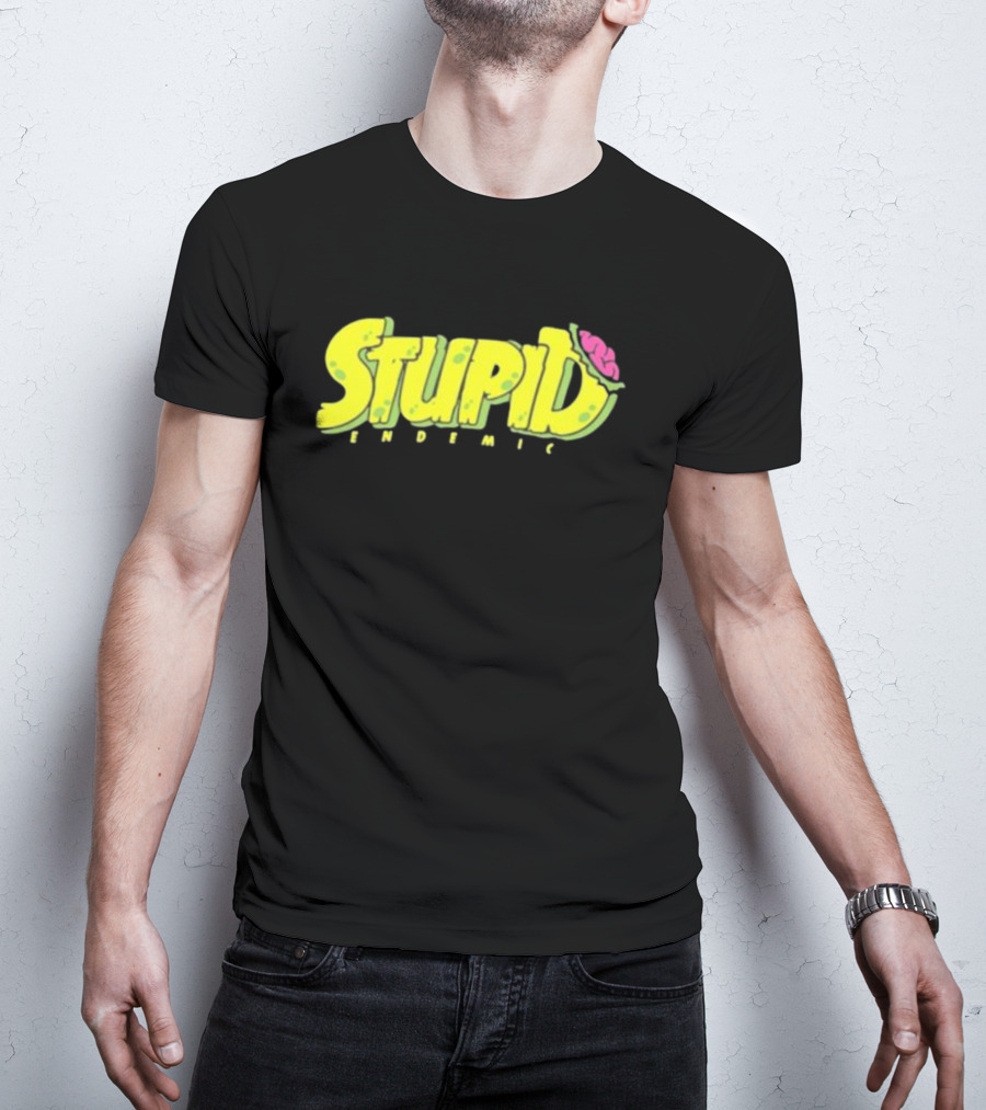 STUPID ENDEMIC Green Text With Brain Motif T-Shirt