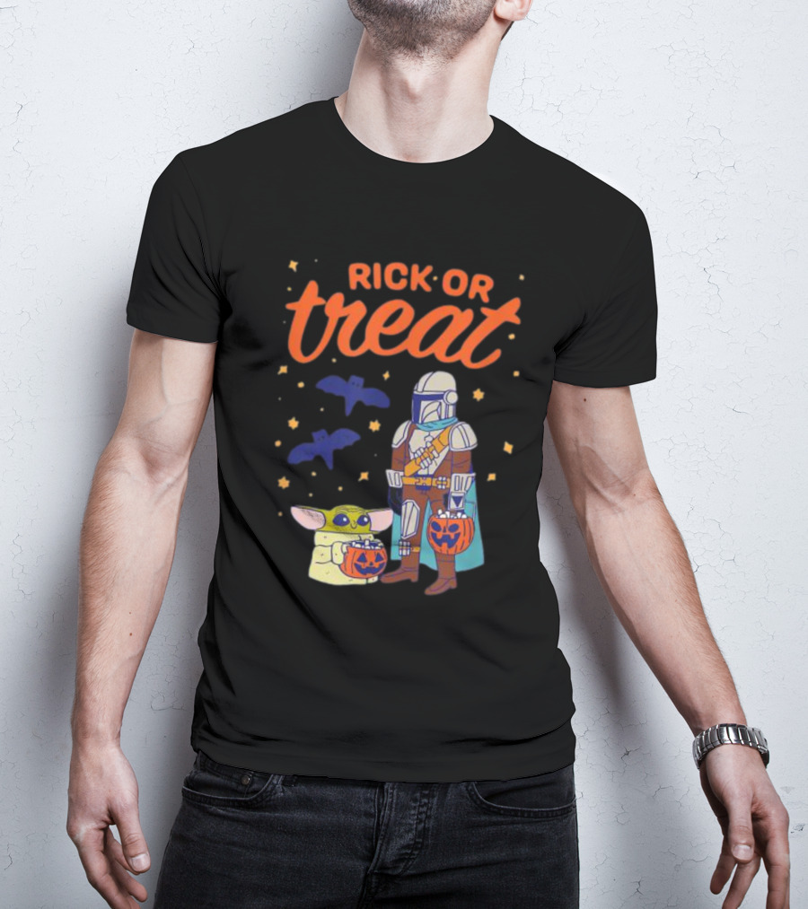 Rick Or Treat The Mandalorian And Grogu Halloween Pumpkin Buckets With Bats And Stars T-Shirt