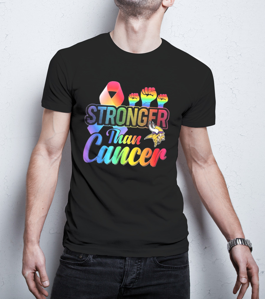 Minnesota Vikings Stronger Than Cancer With Rainbow Ribbon And Fists T-Shirt