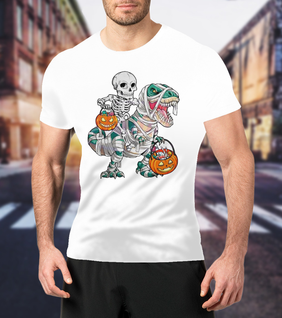 Spooky Saurus Rex Skeleton With Halloween Pumpkin Duo T-Shirt