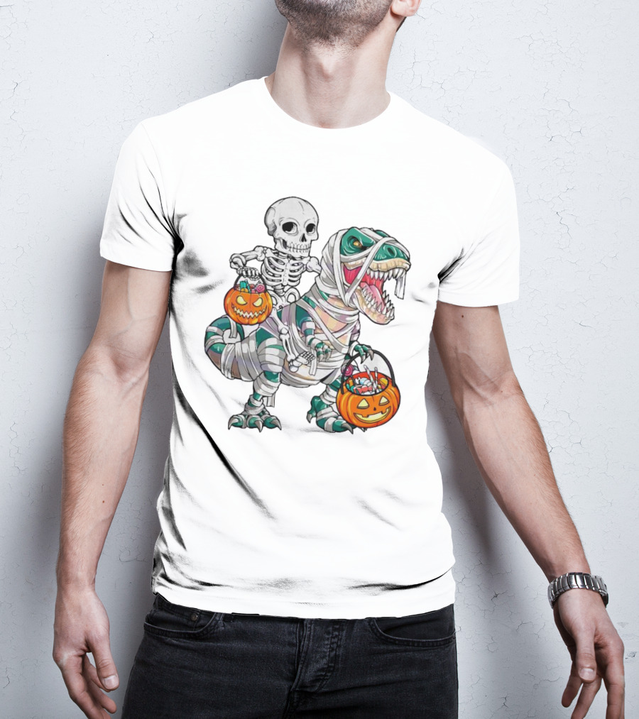 Spooky Saurus Rex Skeleton With Halloween Pumpkin Duo T-Shirt