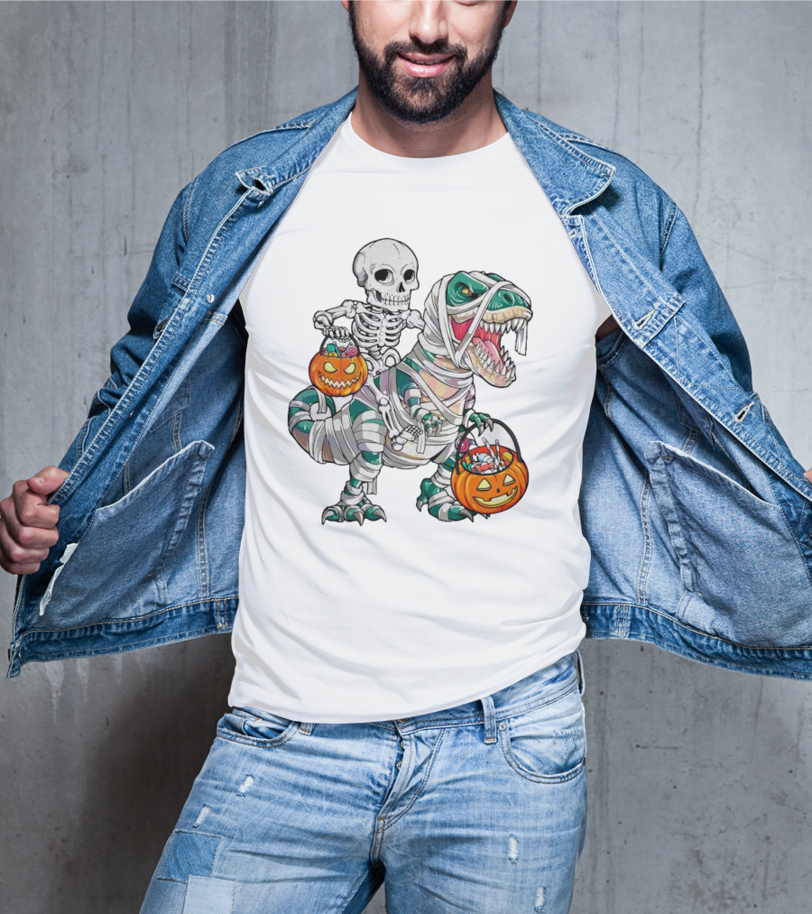 Spooky Saurus Rex Skeleton With Halloween Pumpkin Duo T-Shirt