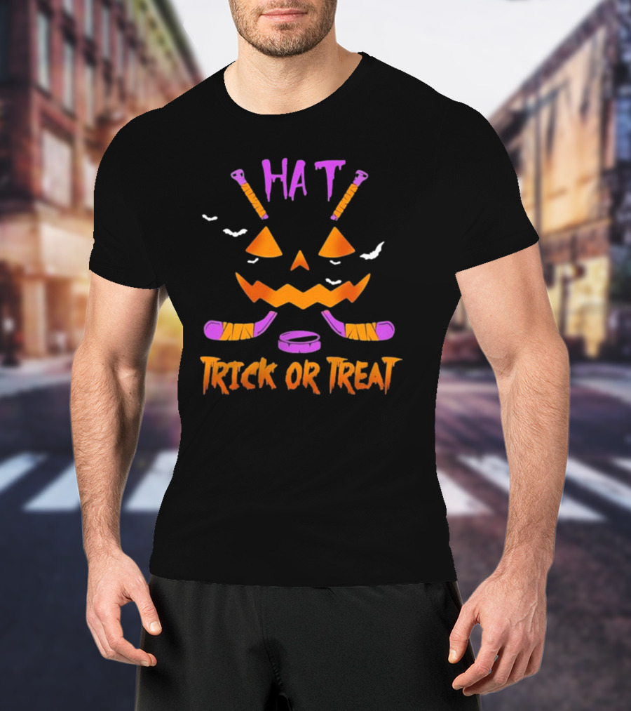 Hockey Hat Trick Or Treat Halloween Pumpkin With Hockey Sticks T-Shirt