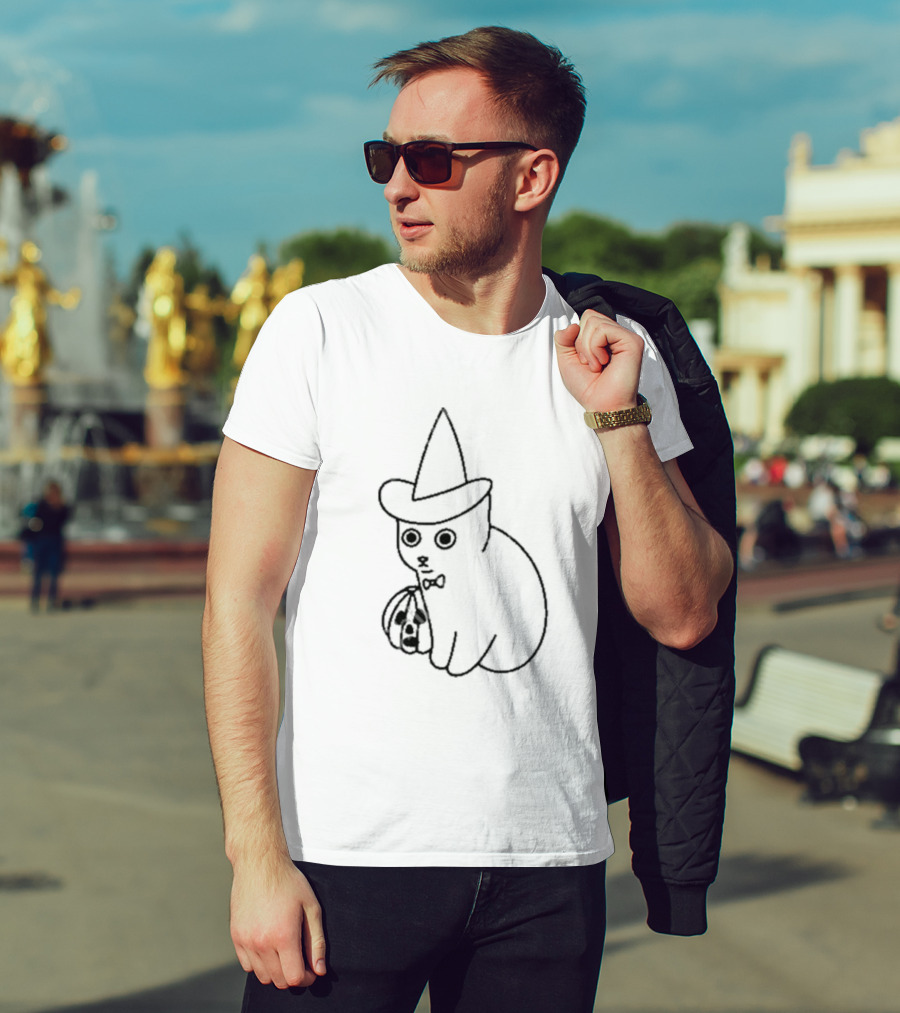 Poorly Drawn Cats Witch Hat Pumpkin Halloween T-Shirt