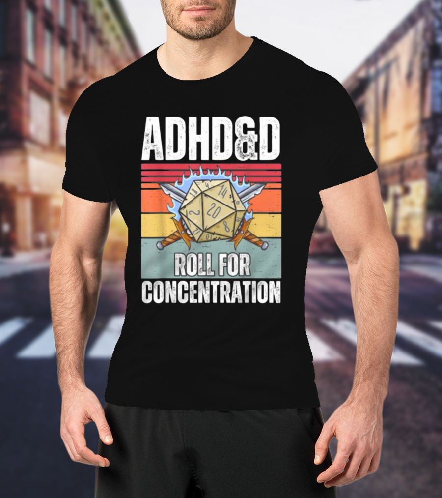 ADHD&D Roll For Concentration Retro Dice Sword Gamer T-Shirt