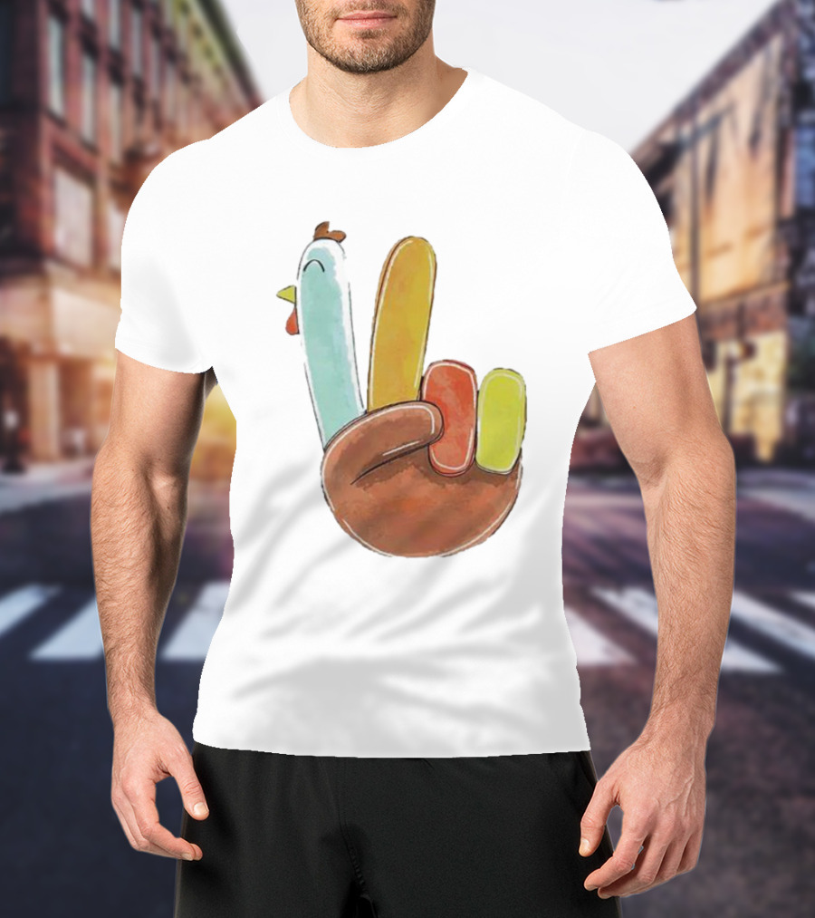 Thanksgiving Hand Gesture Cute Turkey Peace Sign Holiday Fun T-Shirt