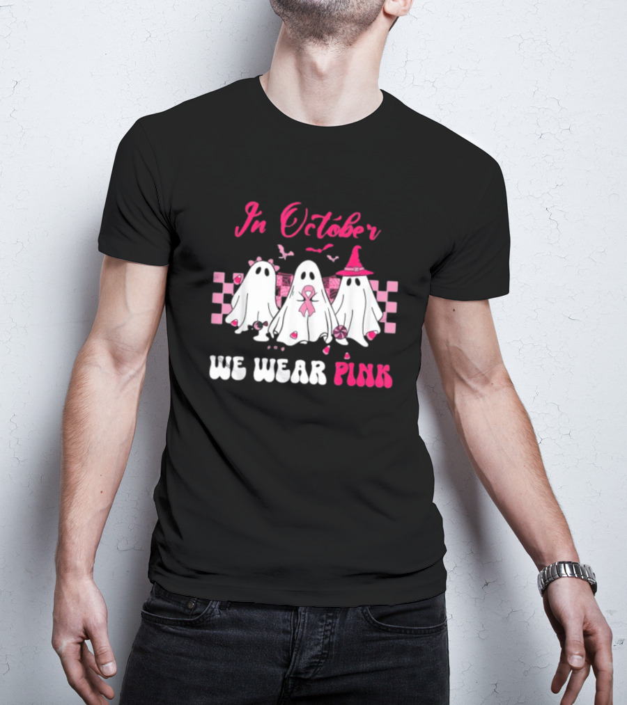 In October We Wear Pink Breast Cancer Ghost Halloween Groovy T-Shirt