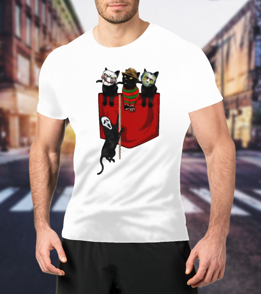 Cat Cosplay Horror Movie Characters Trick Or Treat Freddy Krueger Jason Voorhees Scream Happy Halloween T-Shirt
