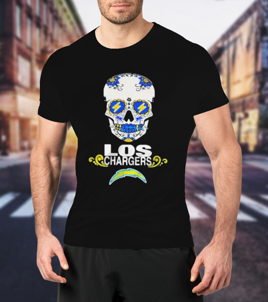 Los Angeles Chargers Sugar Skull Blue Yellow Lightning T-Shirt
