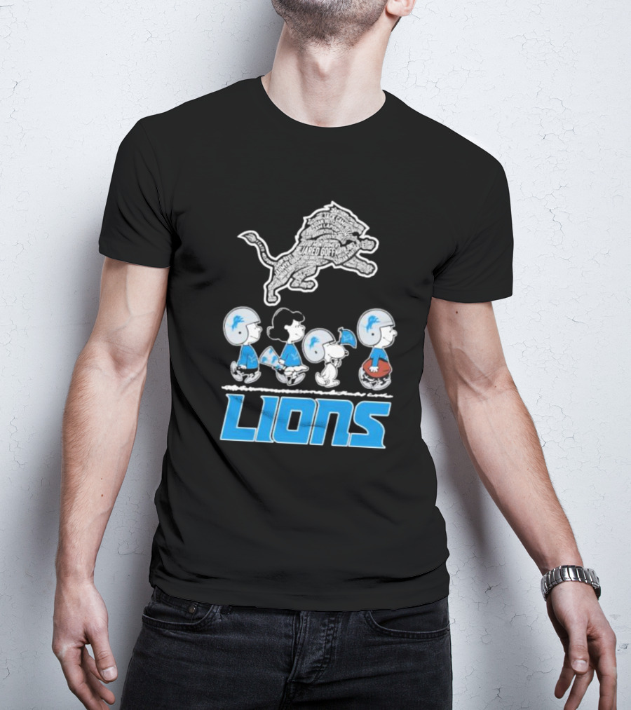 Peanuts Characters Walking Detroit Lions Jared Goff T-Shirt