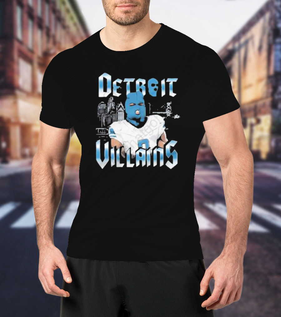 Detroit Villains Football Blue Masked Player Featuring City Skyline T-Shirt