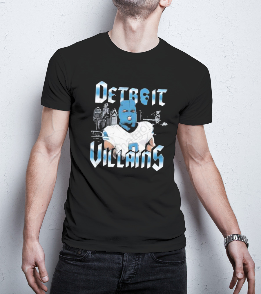 Detroit Villains Football Blue Masked Player Featuring City Skyline T-Shirt