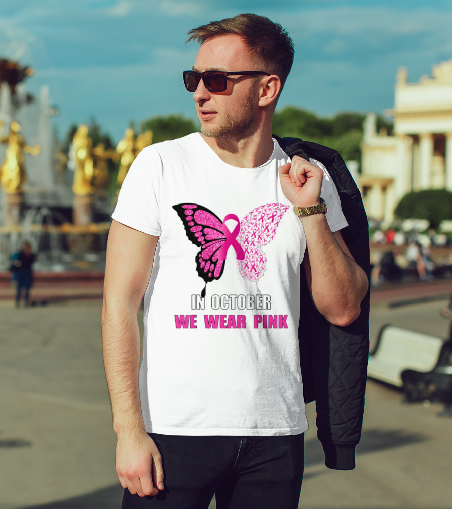 In October We Wear Pink Butterfly Ribbon Breast Cancer Awareness T-Shirt
