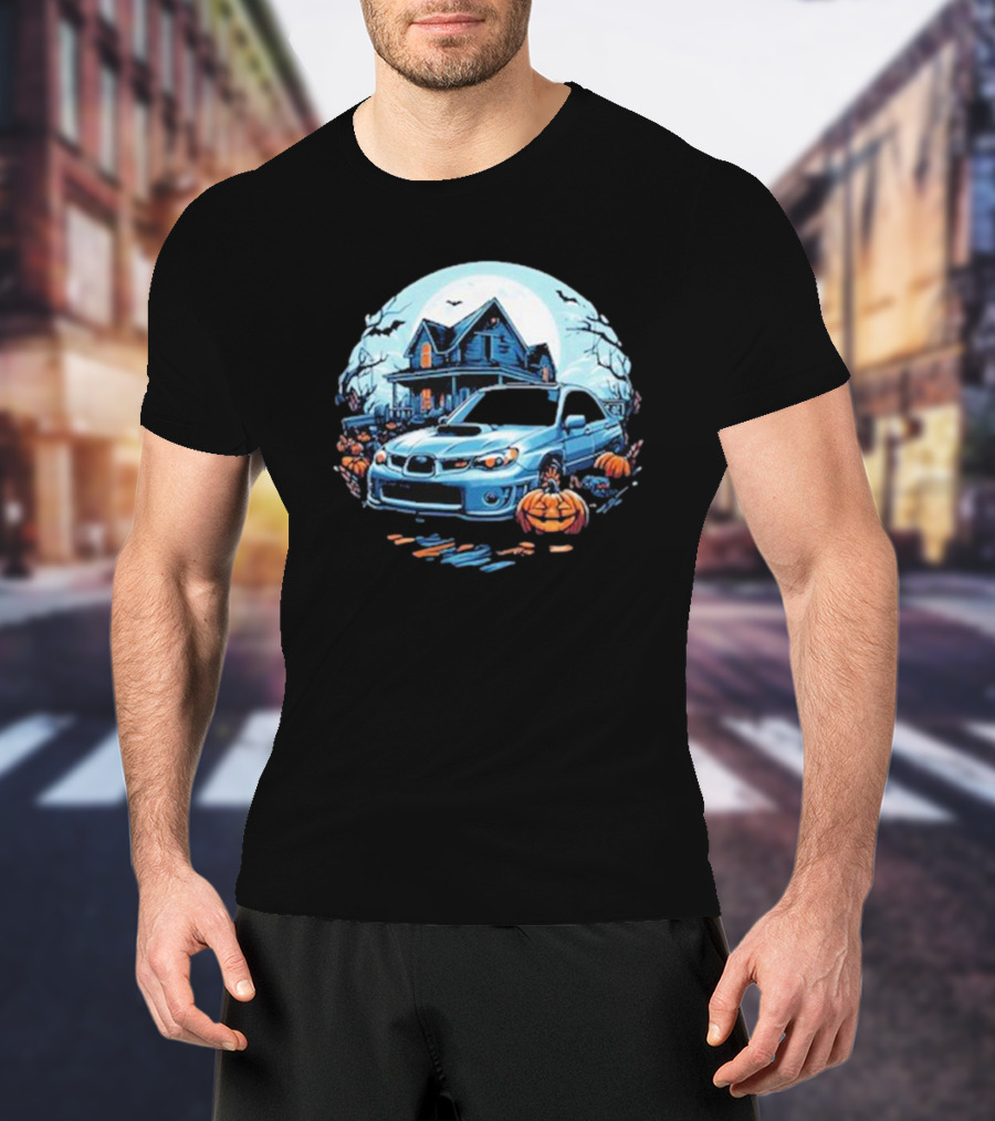 The Car Scene Network Halloween Haunted House With Pumpkins And Bats T-Shirt