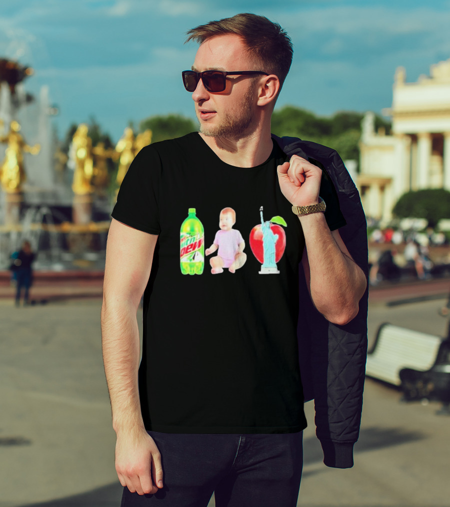 Velvetropic Mountain Dew Baby Apple Statue Of Liberty T-Shirt