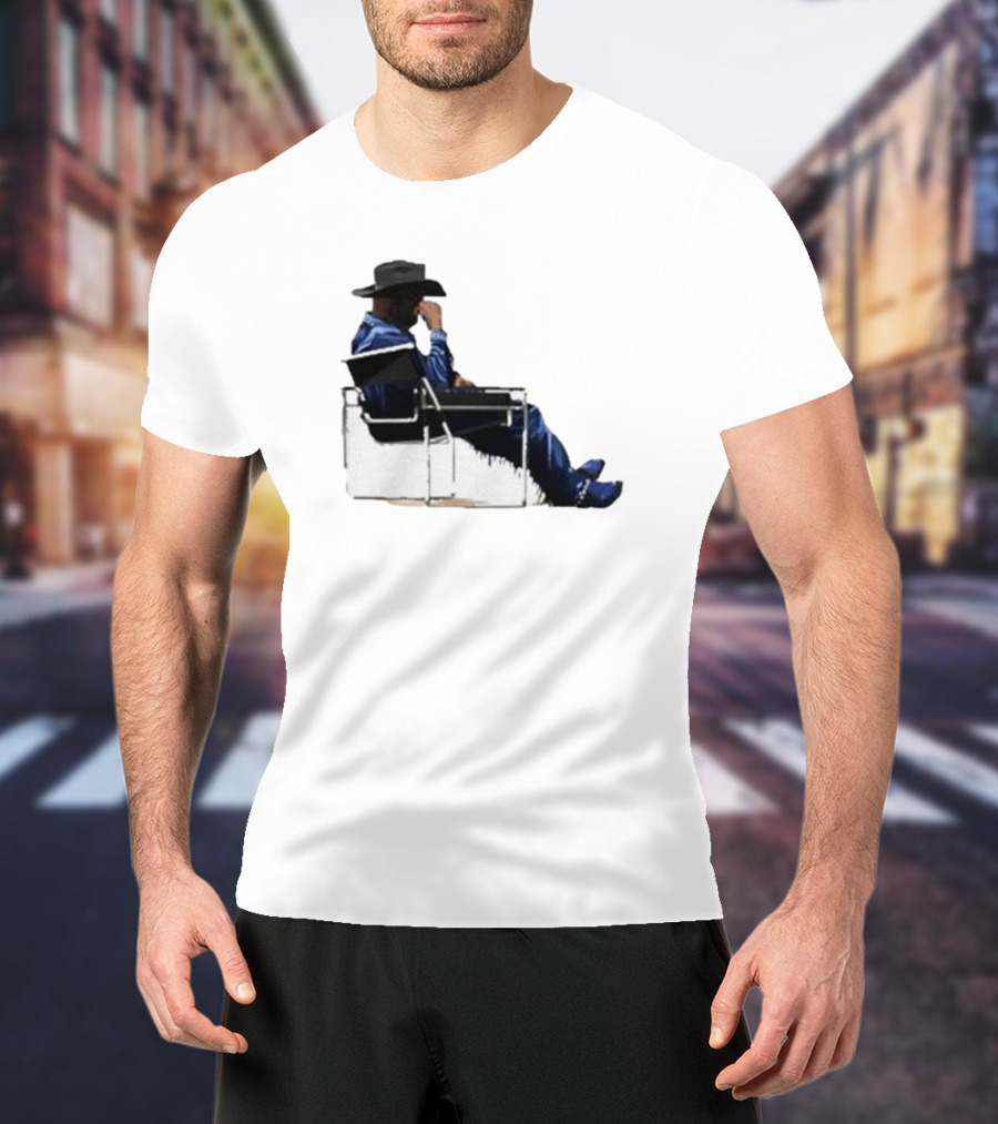 Bad Bunny Sitting Cowboy Chair Black Hat Blue T-Shirt