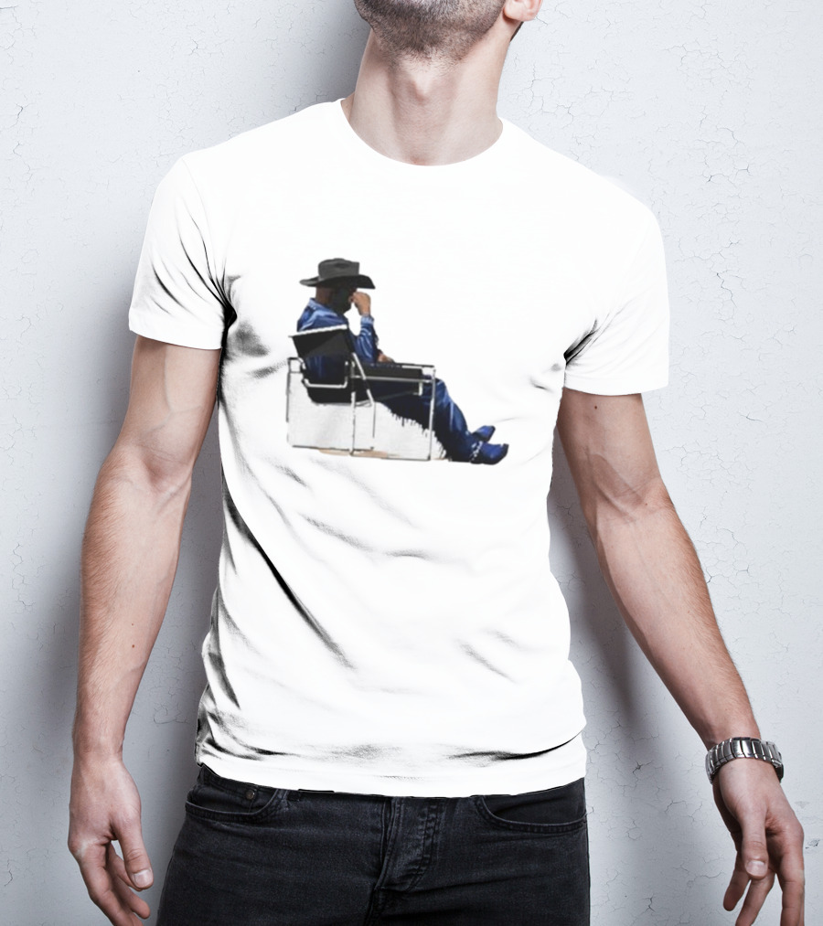 Bad Bunny Sitting Cowboy Chair Black Hat Blue T-Shirt