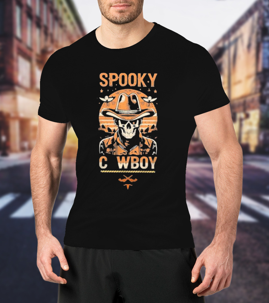 Spooky Cowboy Skeleton Skull In Hat With Sunset Trick Or Treat Halloween T-Shirt