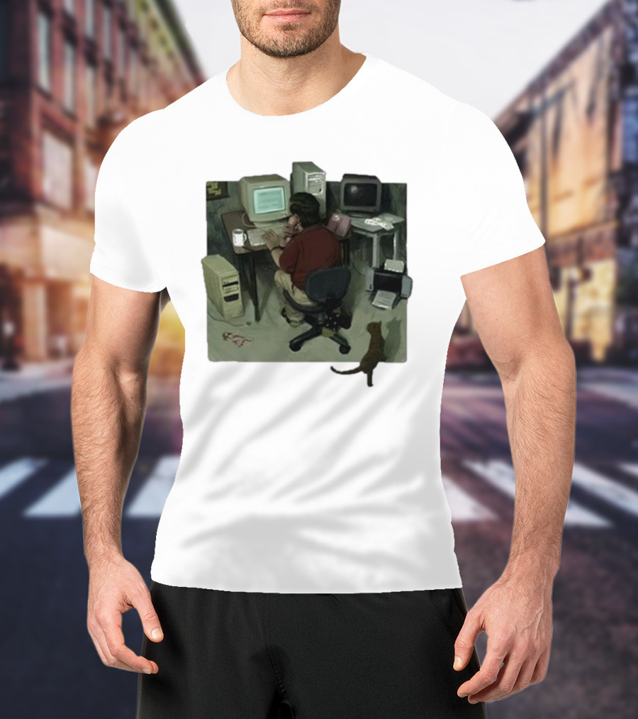 Ollie Jones Freelancer At Computer With Cat In Home Office Scene T-Shirt
