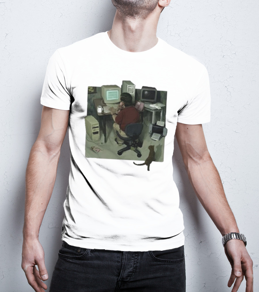Ollie Jones Freelancer At Computer With Cat In Home Office Scene T-Shirt