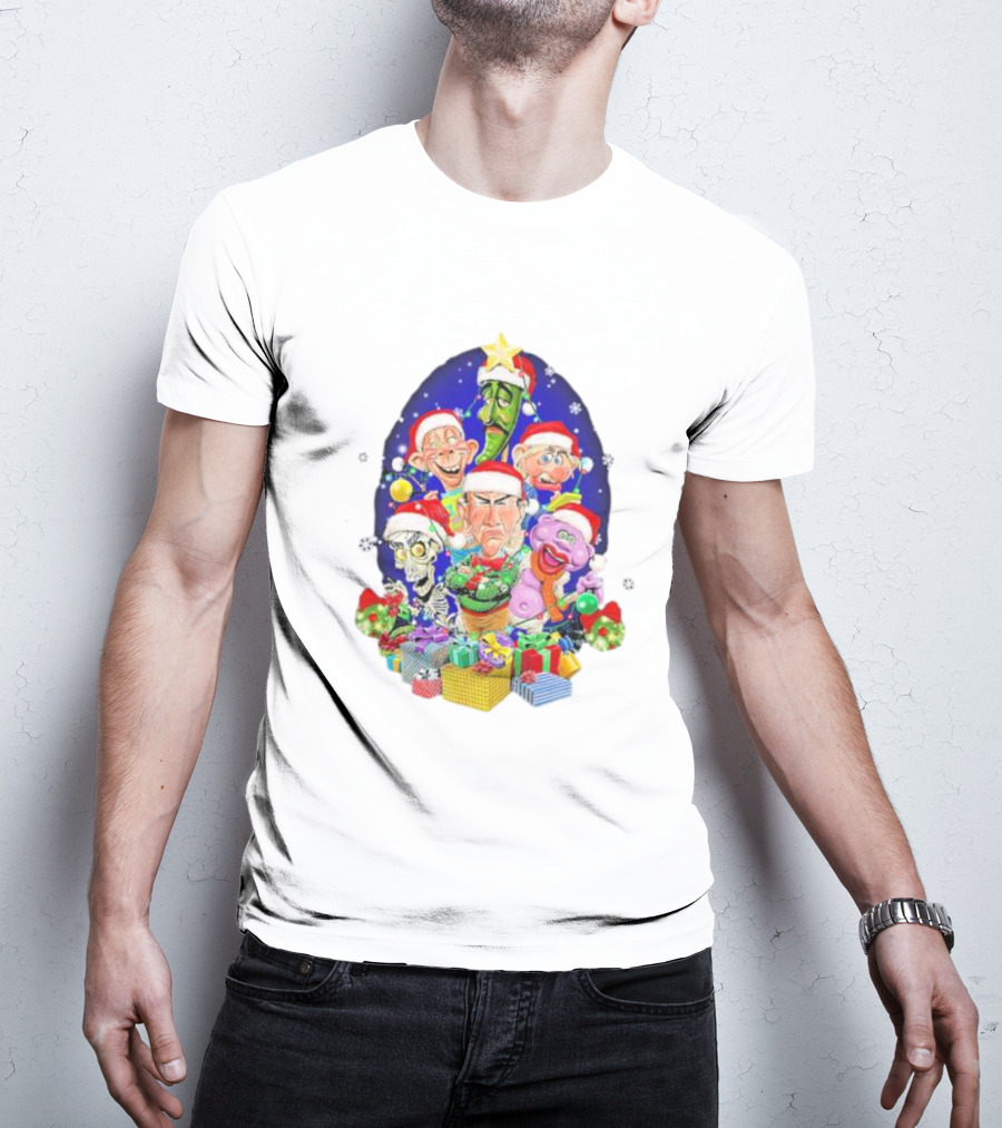 Jeff Dunham Christmas Characters With Santa Hats And Gifts Snow Merry Christmas T-Shirt
