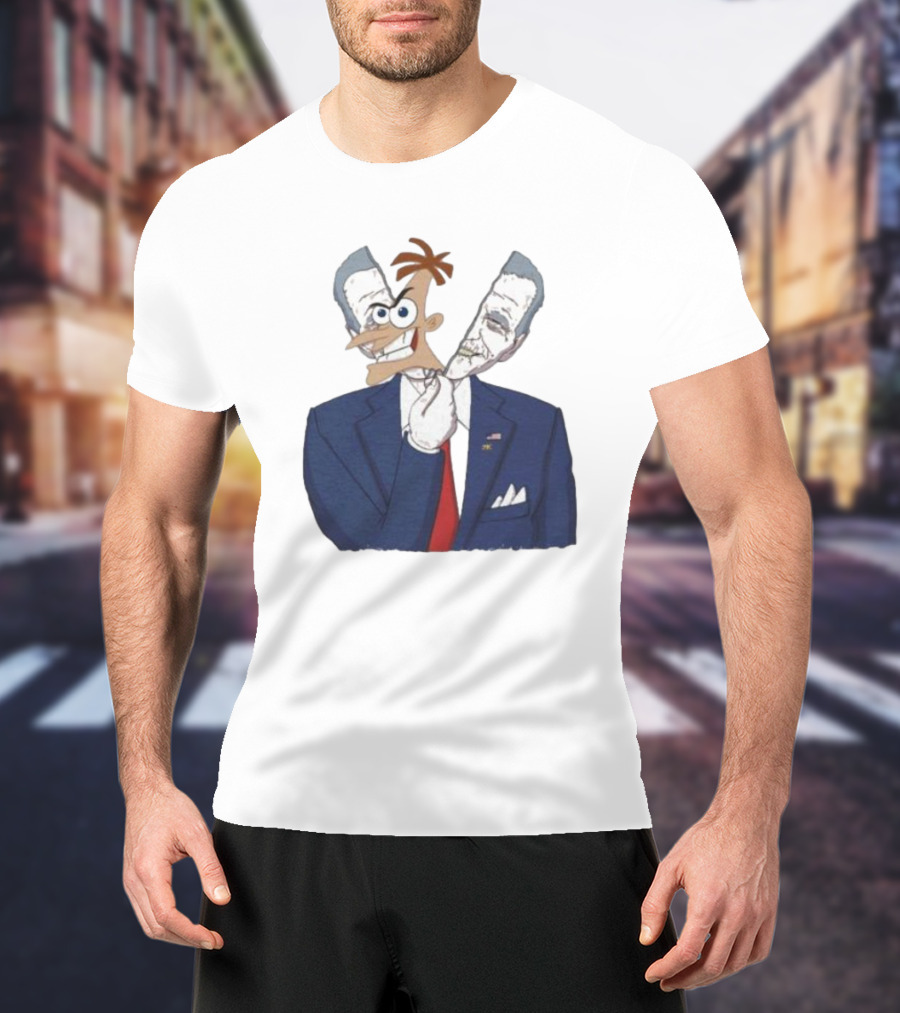 Joe Biden Dr. Doofenshmirtz Mask Illusion Suit Red Tie American Flag T-Shirt
