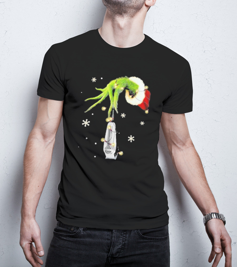 Grinch Christmas Hand Holding Clipper Snowflakes Santa Hat T-Shirt