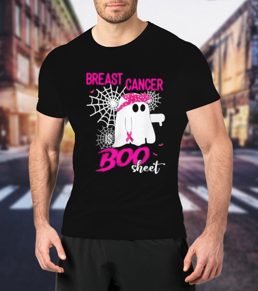 Breast Cancer Is Boo Sheet Halloween Ghost With Pink Ribbon And Spider Webs T-Shirt
