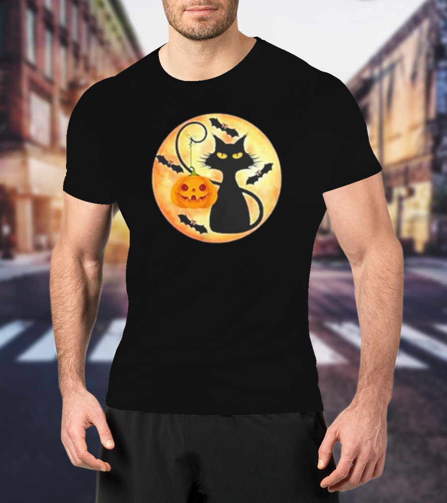 Funny Pumpkin Black Cat Halloween Witch Bat Moon T-Shirt
