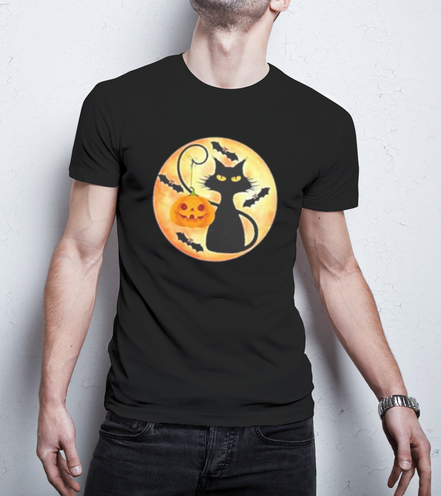 Funny Pumpkin Black Cat Halloween Witch Bat Moon T-Shirt