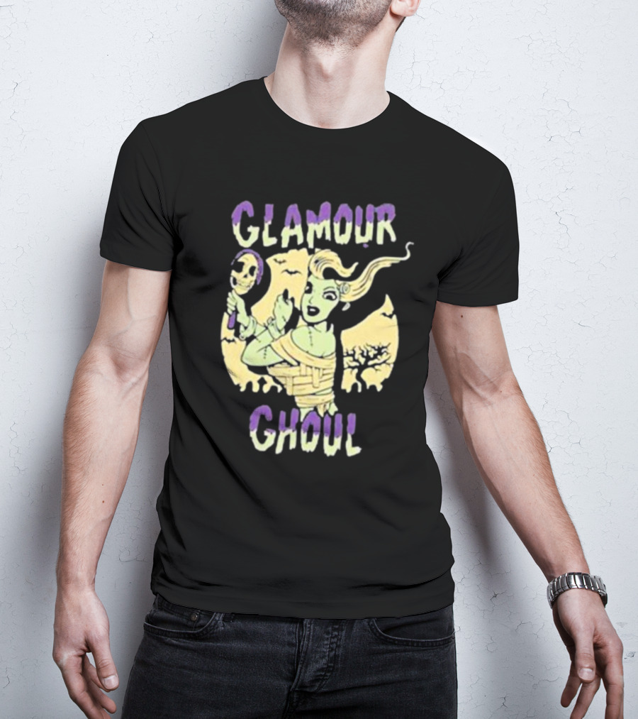 Glamour Ghoul Halloween Monster Retro Skeleton Mirror Bats Trees T-Shirt