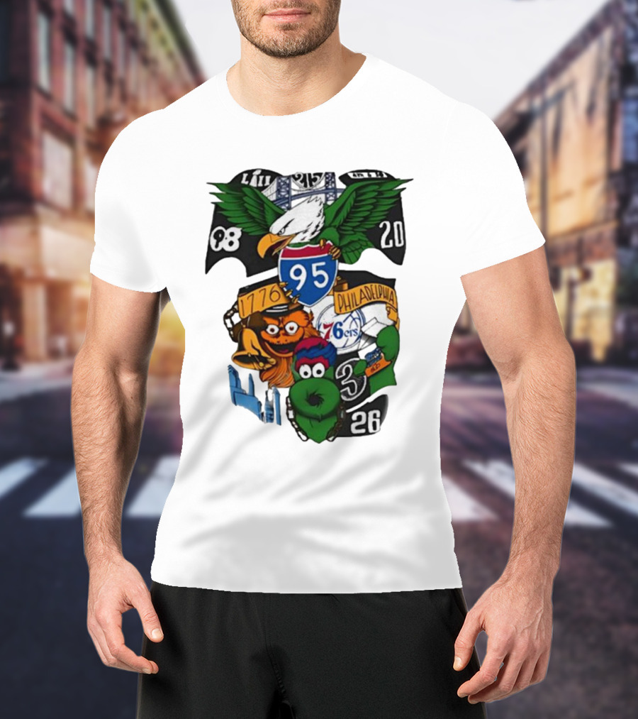 Philadelphia Icons 95 I-95 1776 Philadelphia 76ers Eagles Mascots 20 8 3 26 T-Shirt