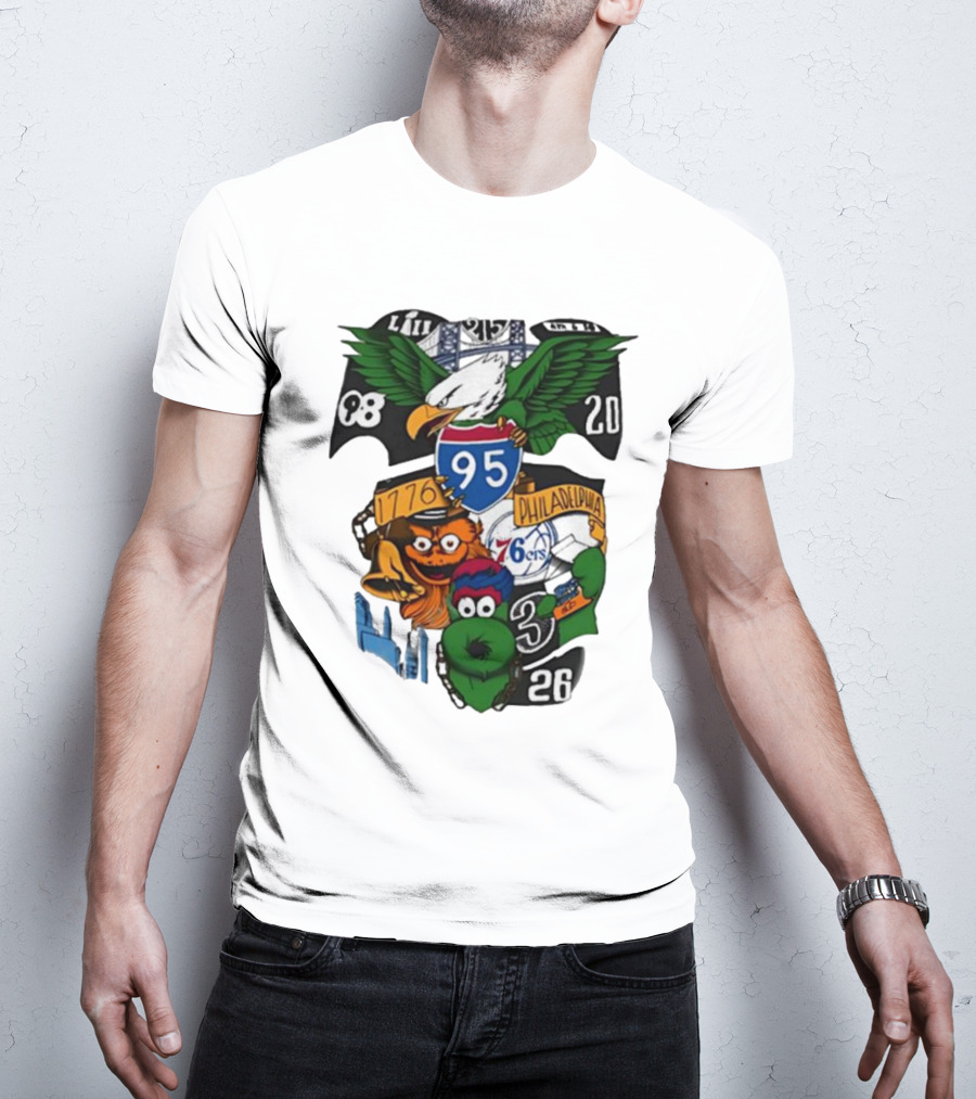Philadelphia Icons 95 I-95 1776 Philadelphia 76ers Eagles Mascots 20 8 3 26 T-Shirt