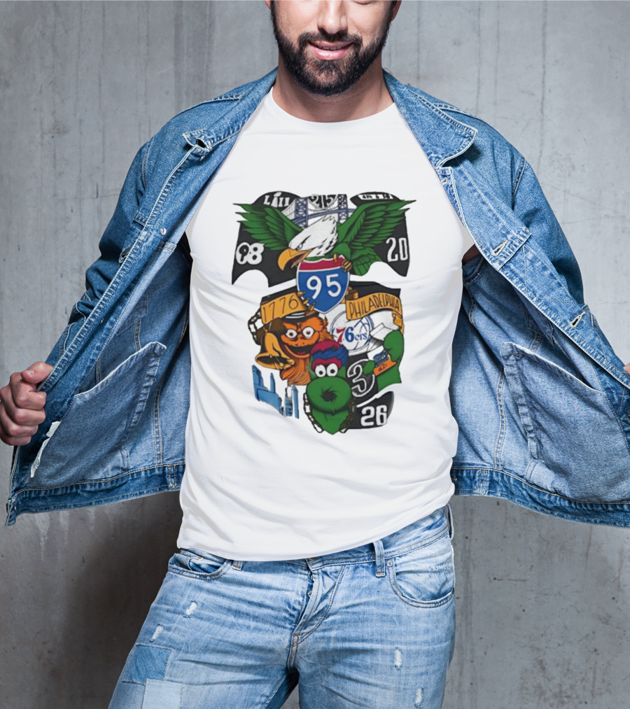 Philadelphia Icons 95 I-95 1776 Philadelphia 76ers Eagles Mascots 20 8 3 26 T-Shirt