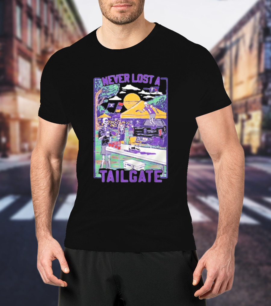 Never Lost A Tailgate Vintage Skeletons Under Yellow Tent With Sunset And Flags T-Shirt