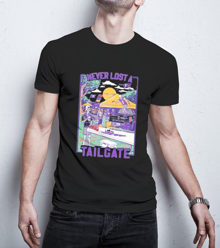 Never Lost A Tailgate Vintage Skeletons Under Yellow Tent With Sunset And Flags T-Shirt