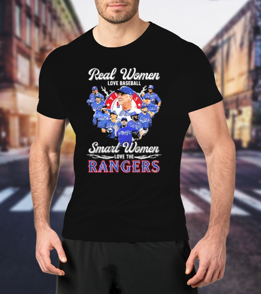 Real Women Love Baseball Smart Women Love The Texas Rangers Team Montage T-Shirt