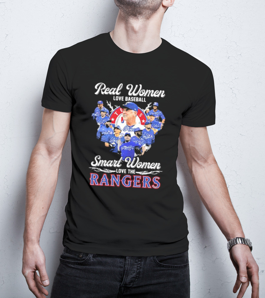 Real Women Love Baseball Smart Women Love The Texas Rangers Team Montage T-Shirt
