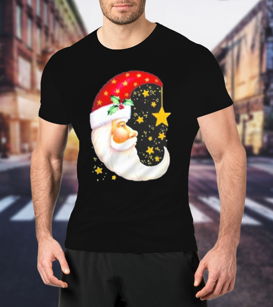 Christmas Santa Crescent Moon Starry Hat Print Crew Neck T-Shirt