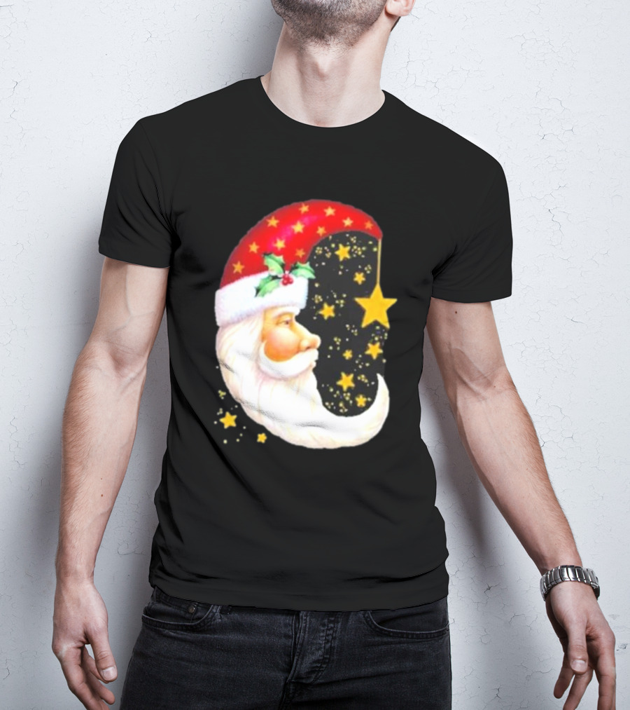 Christmas Santa Crescent Moon Starry Hat Print Crew Neck T-Shirt