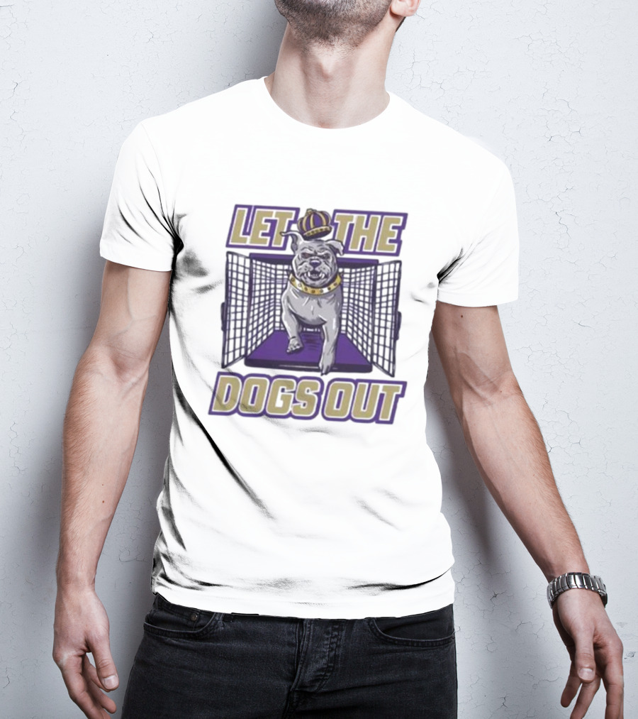 LET THE DOGS OUT Bulldog Escaping With Crown From Purple Cage T-Shirt