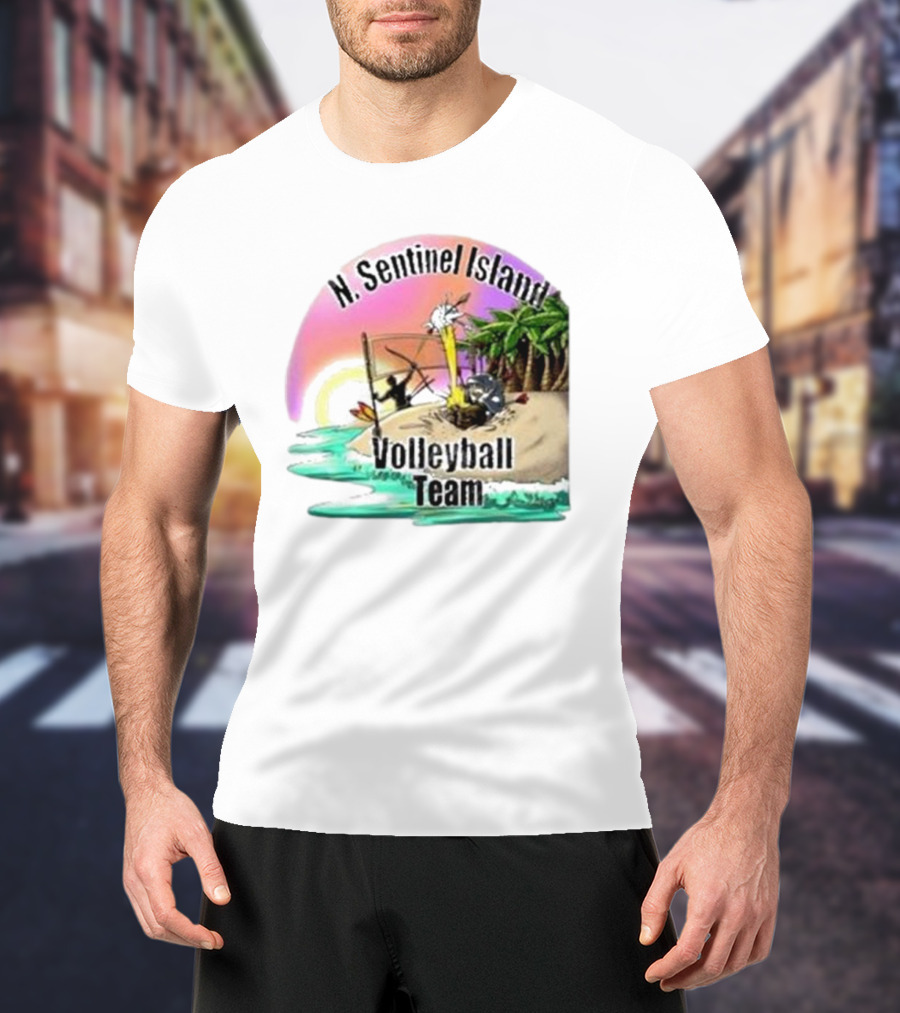 N. Sentinel Island Volleyball Team Sunset Beach Scene With Palms T-Shirt