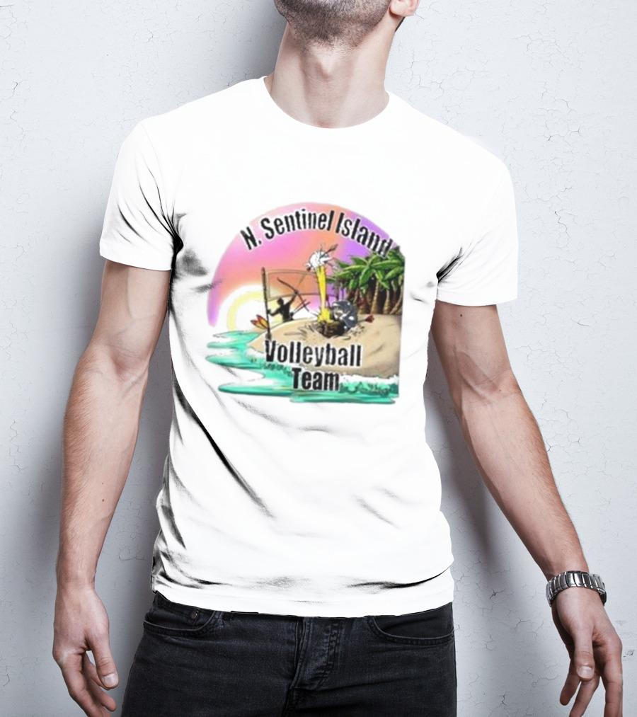 N. Sentinel Island Volleyball Team Sunset Beach Scene With Palms T-Shirt