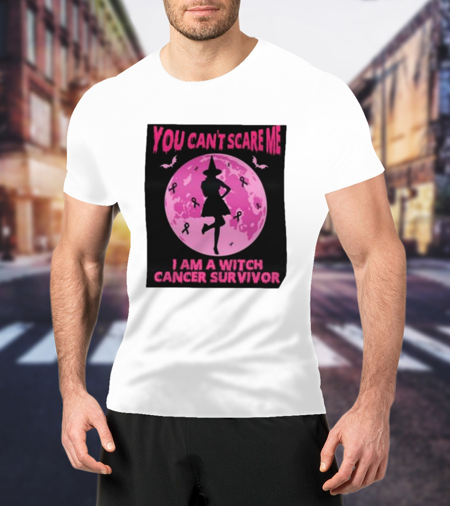 You Can’t Scare Me I Am A Witch Cancer Survivor Pink Moon Bats Ribbons T-Shirt