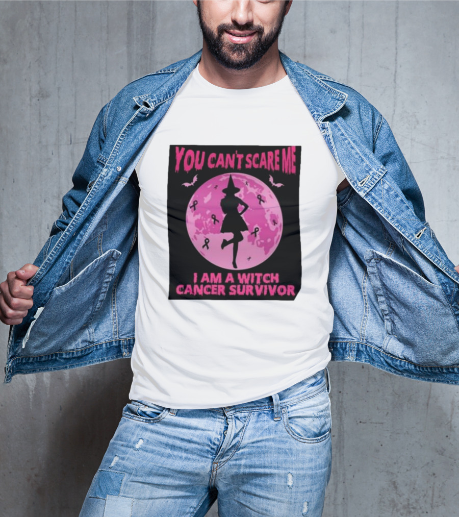 You Can’t Scare Me I Am A Witch Cancer Survivor Pink Moon Bats Ribbons T-Shirt