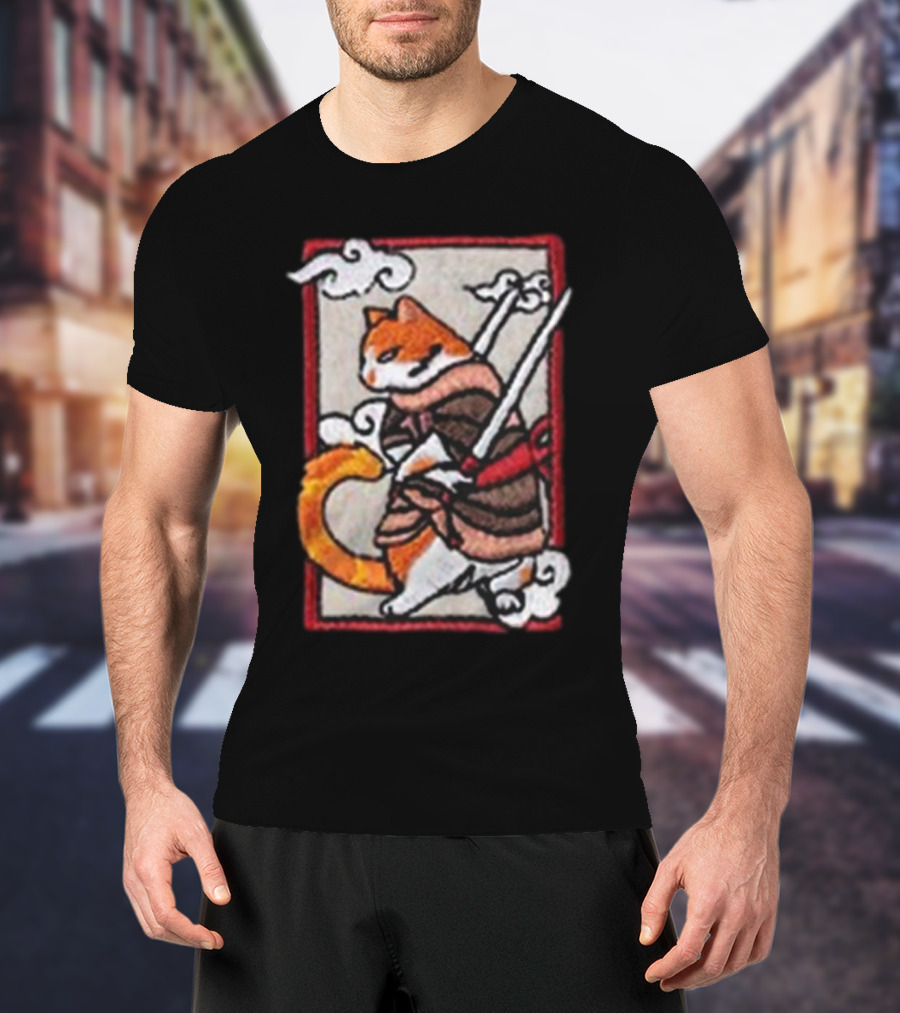 Loky Rain Loky Samurai Cat In Traditional Armor With Swords And Clouds T-Shirt