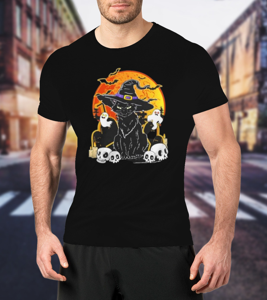 Black Cat Witch Skull Cemetery Blood Moon Halloween Ghosts T-Shirt