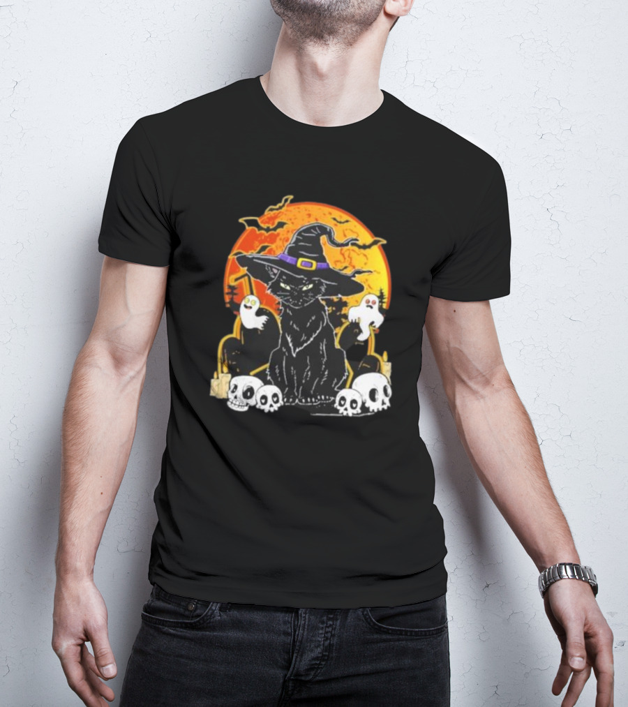 Black Cat Witch Skull Cemetery Blood Moon Halloween Ghosts T-Shirt