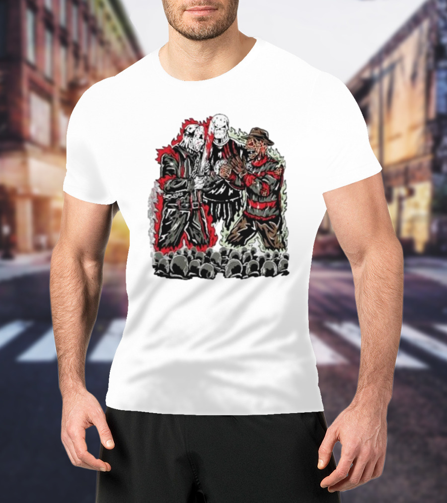 Violent Faceoff Horror Icons Showdown Freddy Krueger Vs Jason Voorhees In Front Of Crowd T-Shirt