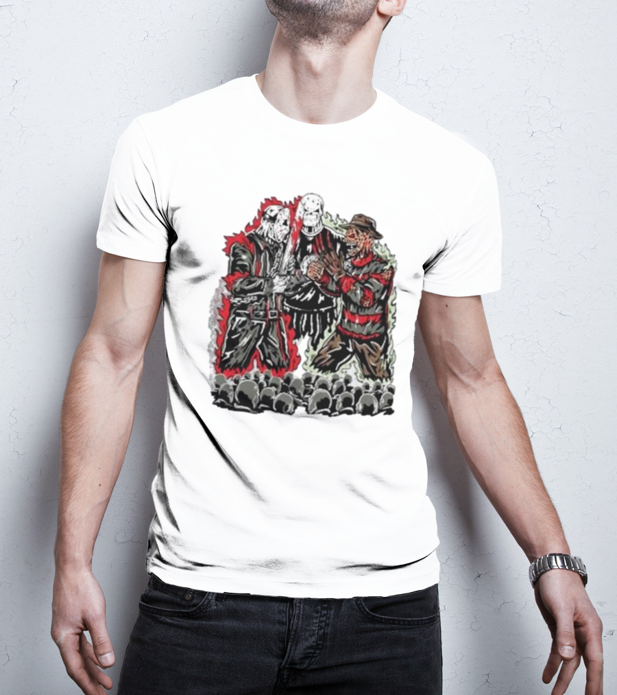 Violent Faceoff Horror Icons Showdown Freddy Krueger Vs Jason Voorhees In Front Of Crowd T-Shirt